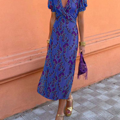 Summer V-neck Short-sleeved Dress Fashion Flowers Printed Slim Beach Dresses For Women Clothing.