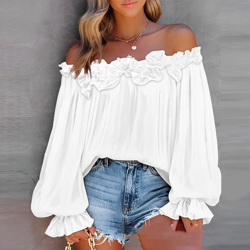 Casual Blouses Shoulder Off-Shoulder Long Sleeve Top Lotus Leaf Sleeve Shirt Loose Women's Clothing.