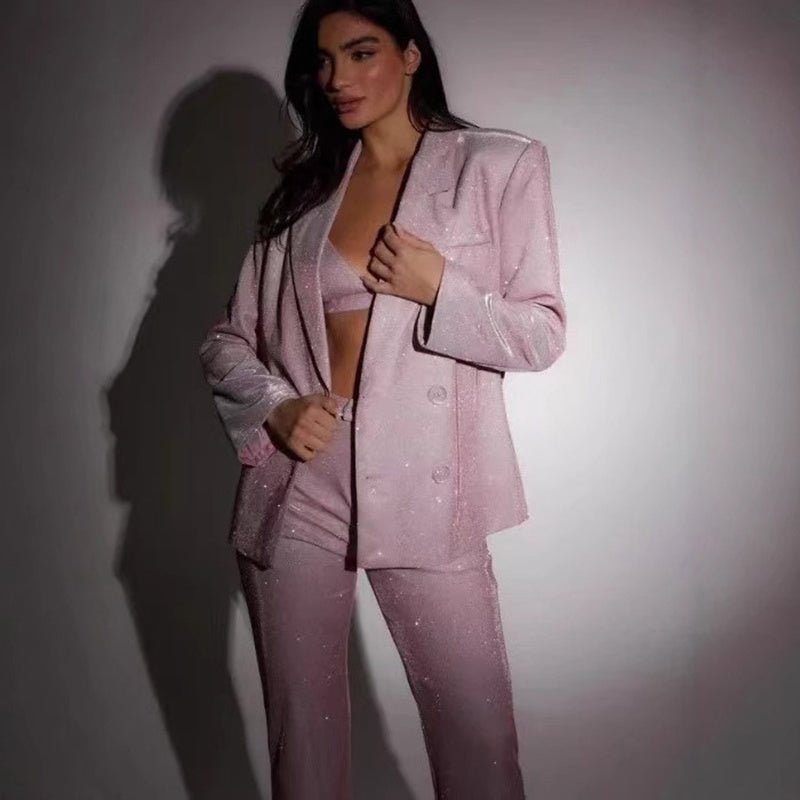 3pcs Shiny Long-sleeved Suit With Bra Lapel Blazer And Straight-leg Trousers Fashion Party Jacket Set For Women Clothing.