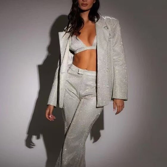 3pcs Shiny Long-sleeved Suit With Bra Lapel Blazer And Straight-leg Trousers Fashion Party Jacket Set For Women Clothing.
