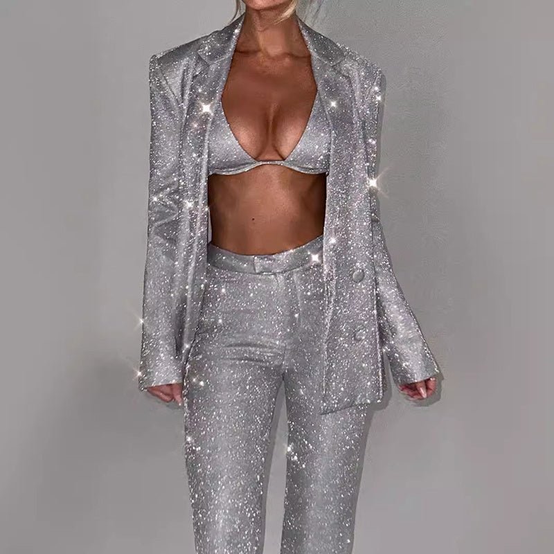 3pcs Shiny Long-sleeved Suit With Bra Lapel Blazer And Straight-leg Trousers Fashion Party Jacket Set For Women Clothing.