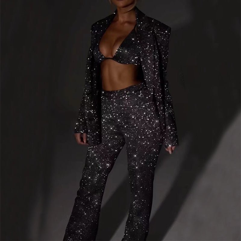 3pcs Shiny Long-sleeved Suit With Bra Lapel Blazer And Straight-leg Trousers Fashion Party Jacket Set For Women Clothing.