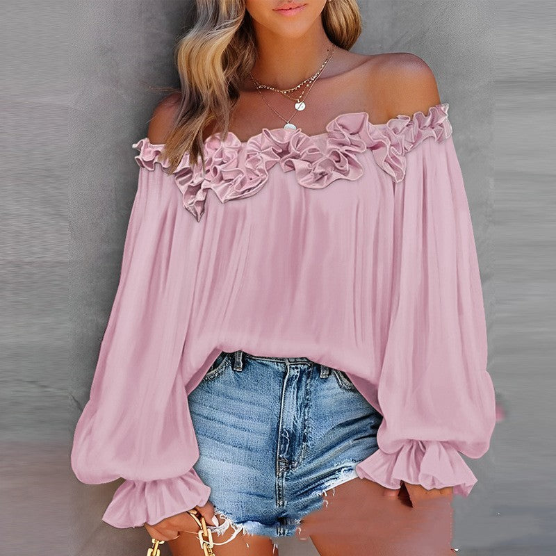 Casual Blouses Shoulder Off-Shoulder Long Sleeve Top Lotus Leaf Sleeve Shirt Loose Women's Clothing.