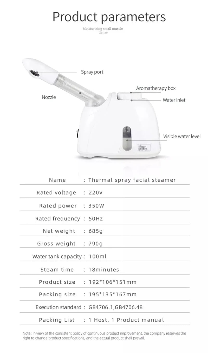 Appareil vapozone facial à vapeur chaude avec fonction ozone, conçu pour un nettoyage en profondeur et une hydratation optimale de la peau. Idéal pour un usage à domicile ou en institut, il aide à ouvrir les pores, purif