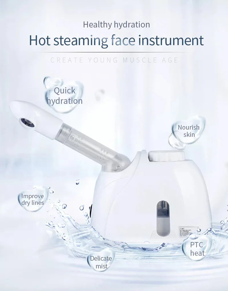 Appareil vapozone facial à vapeur chaude avec fonction ozone, conçu pour un nettoyage en profondeur et une hydratation optimale de la peau. Idéal pour un usage à domicile ou en institut, il aide à ouvrir les pores, purif