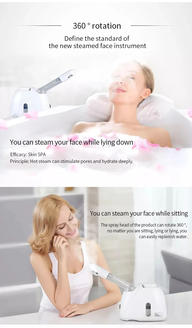 Appareil vapozone facial à vapeur chaude avec fonction ozone, conçu pour un nettoyage en profondeur et une hydratation optimale de la peau. Idéal pour un usage à domicile ou en institut, il aide à ouvrir les pores, purif