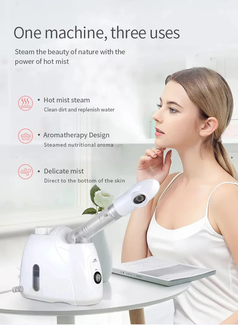 Appareil vapozone facial à vapeur chaude avec fonction ozone, conçu pour un nettoyage en profondeur et une hydratation optimale de la peau. Idéal pour un usage à domicile ou en institut, il aide à ouvrir les pores, purif