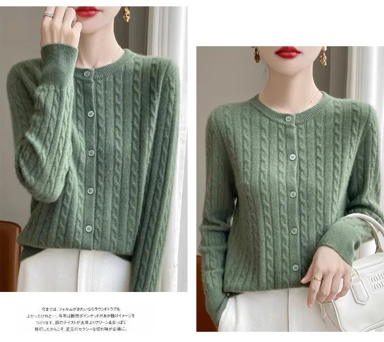 Cardigan Femme Blanc – Tricot Uni Col Rond Boutonné Manches Longues Automne Hiver 2025.