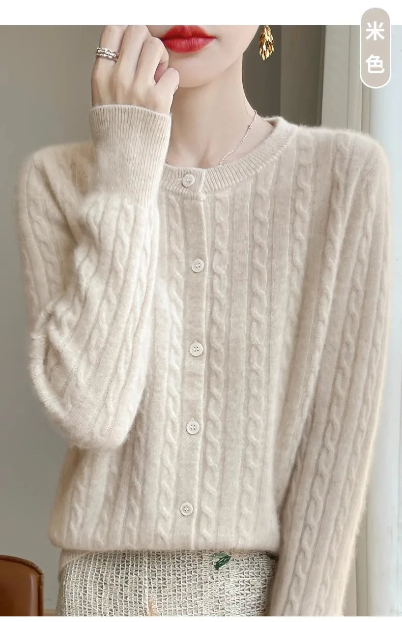 Cardigan Femme Blanc – Tricot Uni Col Rond Boutonné Manches Longues Automne Hiver 2025.