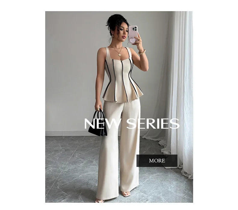 Ensemble Femme 2 Pièces – Top Sans Manches à Volants & Pantalon Large Taille Haute, Style Y2K Streetwear Chic | F-lagam.