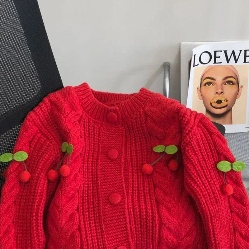 Cardigan Tricoté Femme avec Cerises 3D – Style Coréen Élégant Automne.
