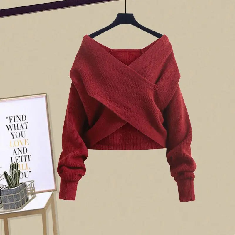 Ensemble Femme 2 Pièces – Pull Col V Tricoté & Jupe Taille Haute, Outfit Chic Coréen.
