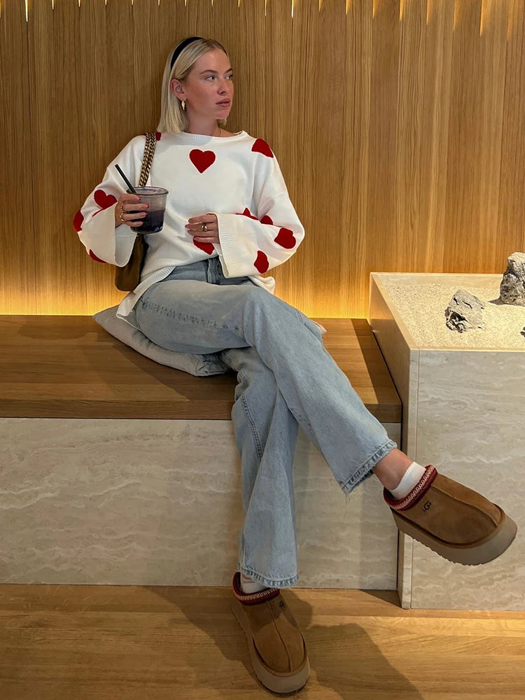 Pull Femme Sweet Heart – Tricot Vintage Loose à Col Rond, Manches Longues.