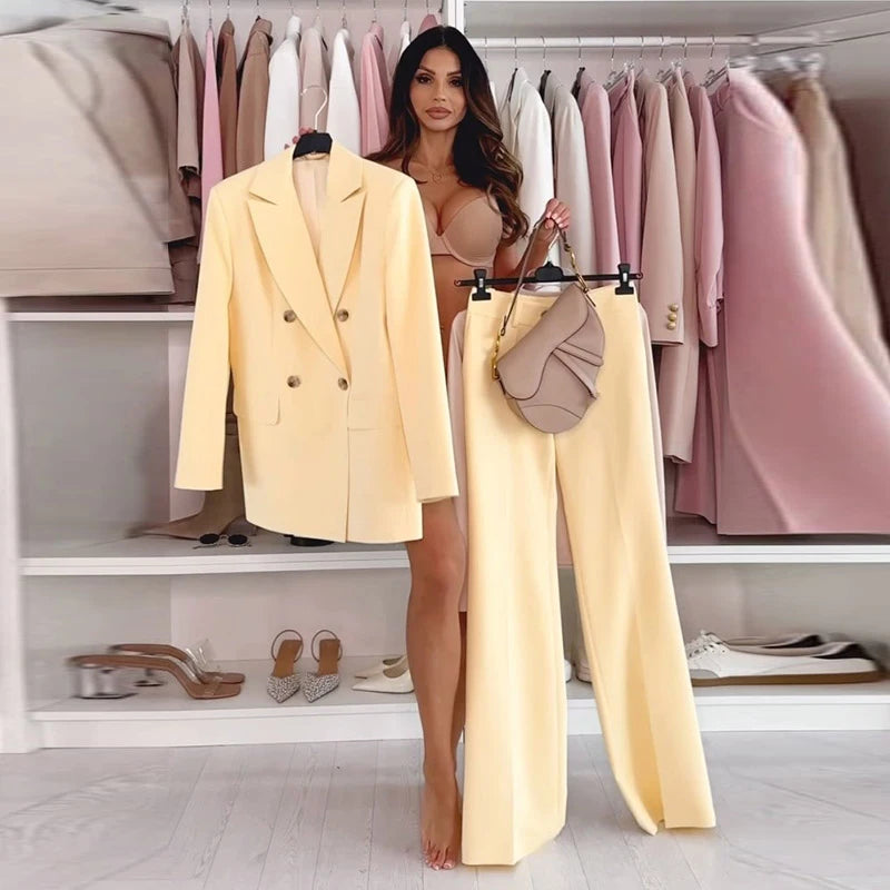 Tailleur Femme 2 Pièces Jaune Citron – Blazer Élégant Manches Longues & Pantalon Droit Taille Haute Printemps 2025 | F-laglam.