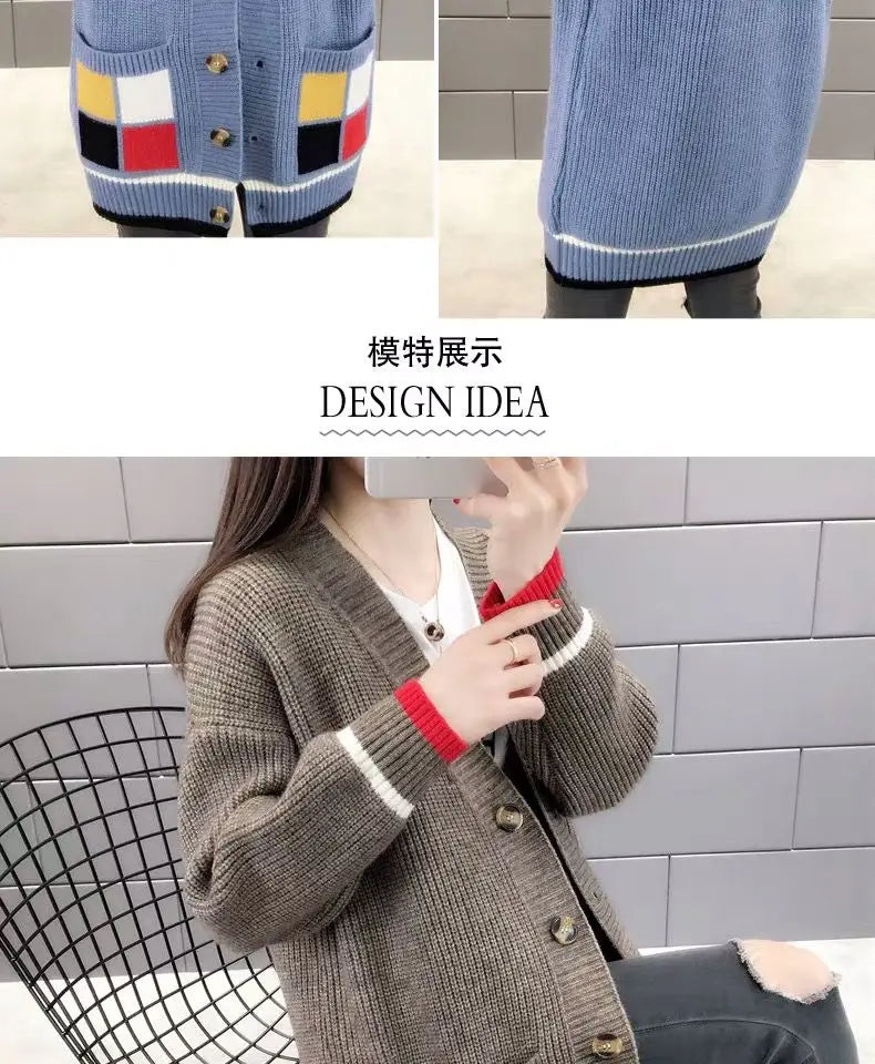 Cardigan Femme Mi-long – Manteau Tricoté Loose Style Coréen Printemps Automne.