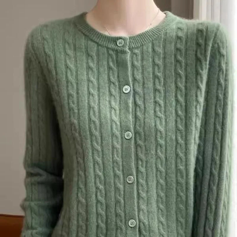 Cardigan Femme Blanc – Tricot Uni Col Rond Boutonné Manches Longues Automne Hiver 2025.