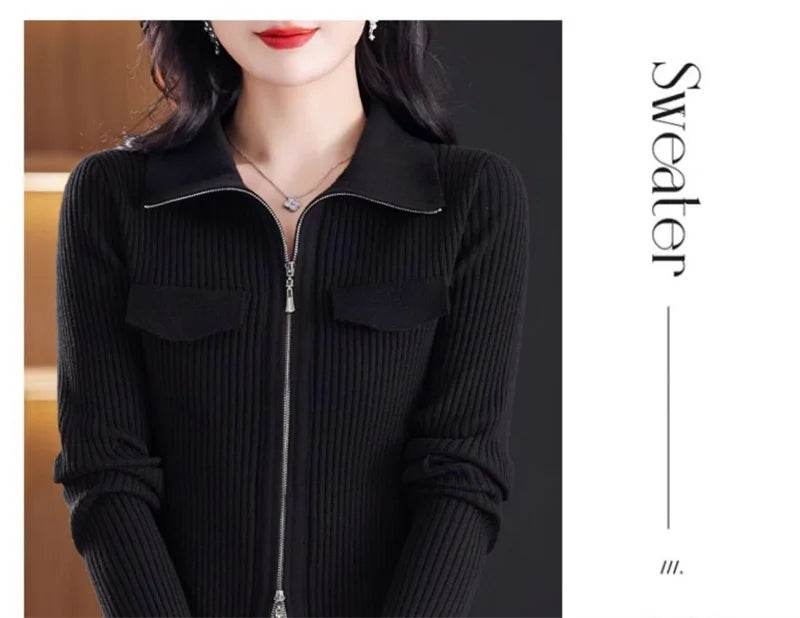 Cardigan Court Femme à Fermeture Zippée – Tricot Uni Col Revers Style Coréen Printemps Automne 2025
