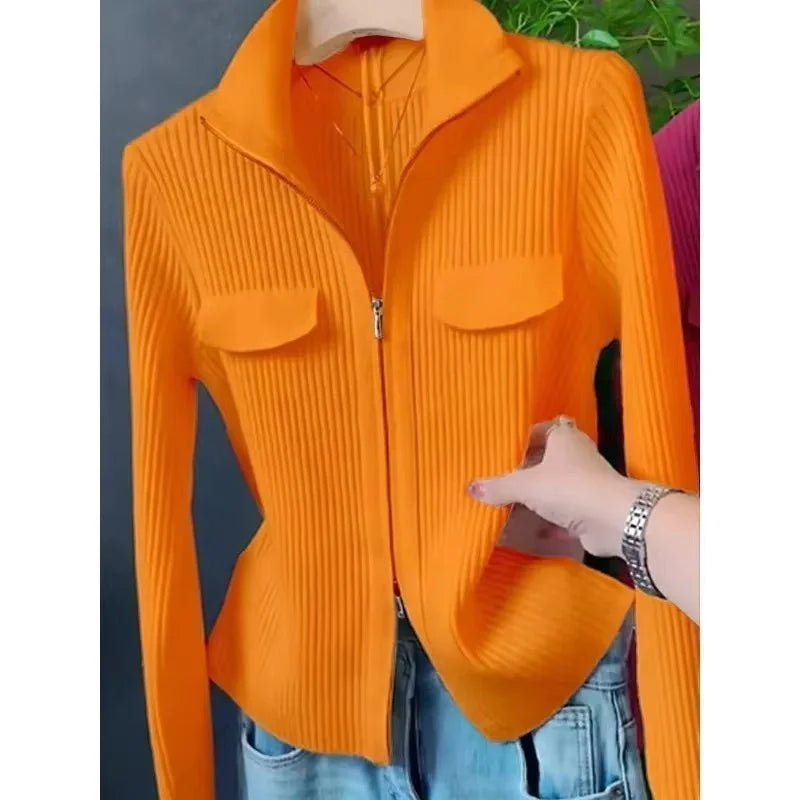 Cardigan Court Femme à Fermeture Zippée – Tricot Uni Col Revers Style Coréen Printemps Automne 2025