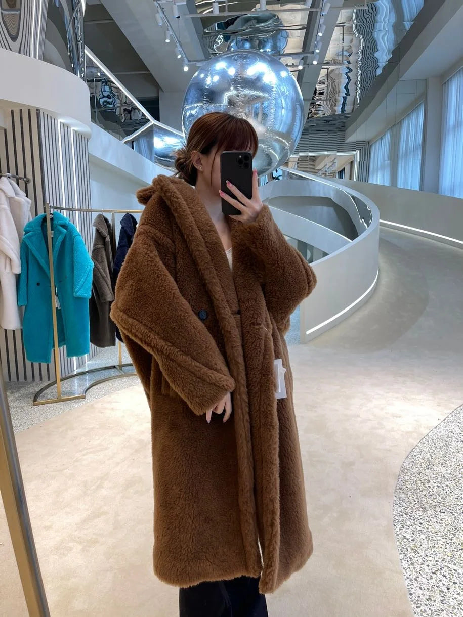 Manteau Teddy Bear Femme – Laine d’Alpaga Oversize, Chaud & Doux, Style Classique Décontracté Hiver