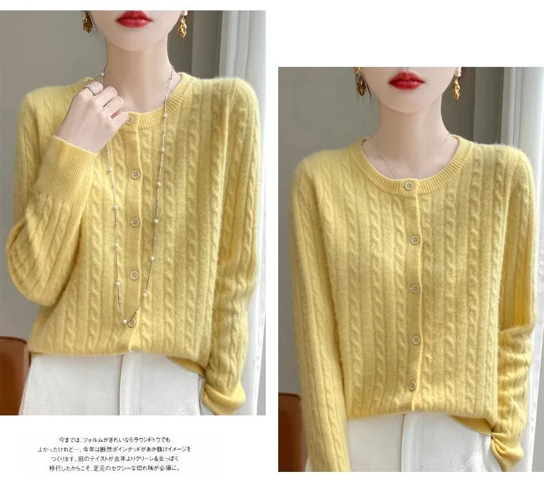 Cardigan Femme Blanc – Tricot Uni Col Rond Boutonné Manches Longues Automne Hiver 2025