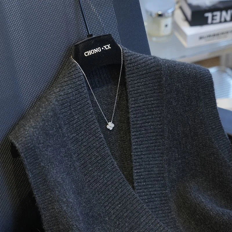 Gilet Pull Femme Sans Manches – Tricot Col V Uni Décontracté Automne Hiver.