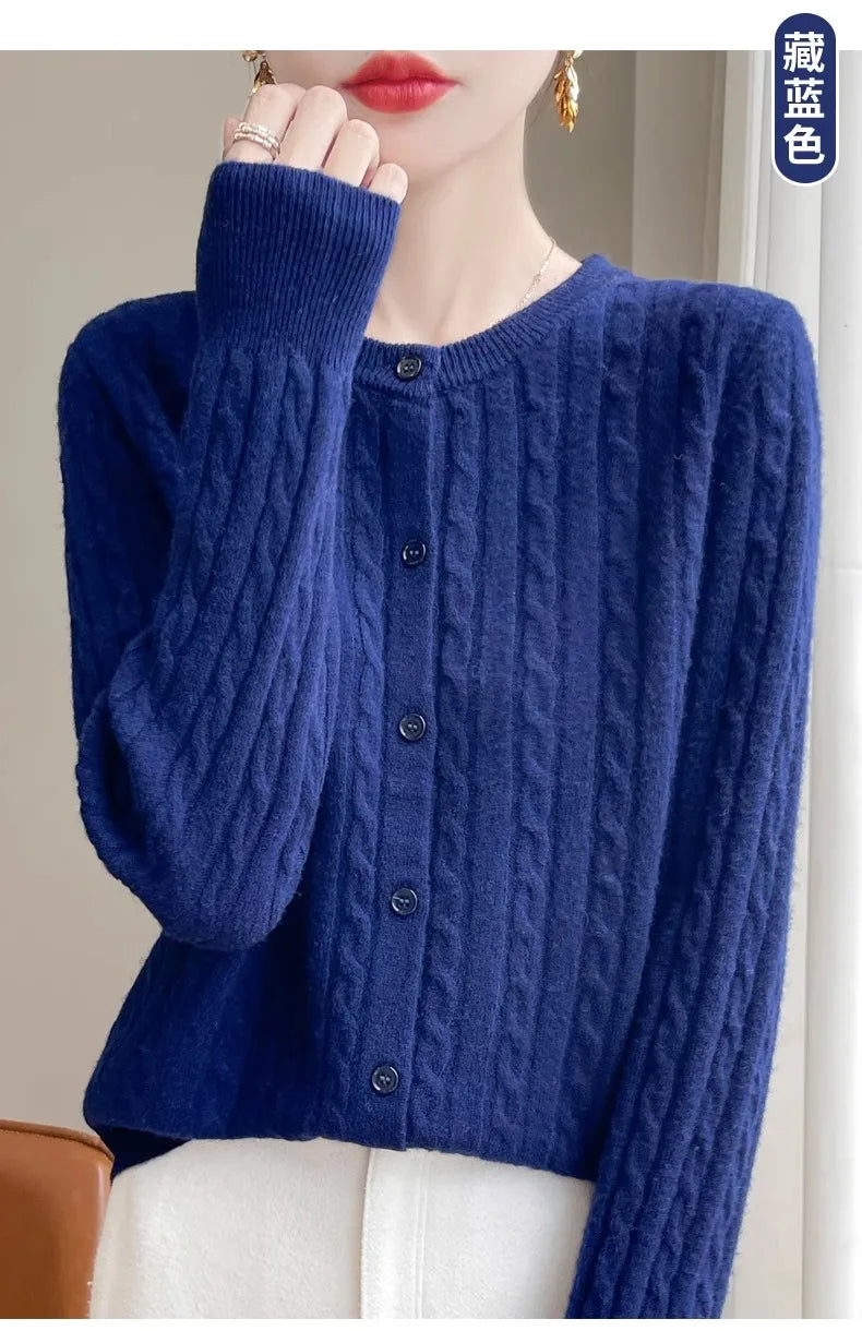 Cardigan Femme Blanc – Tricot Uni Col Rond Boutonné Manches Longues Automne Hiver 2025