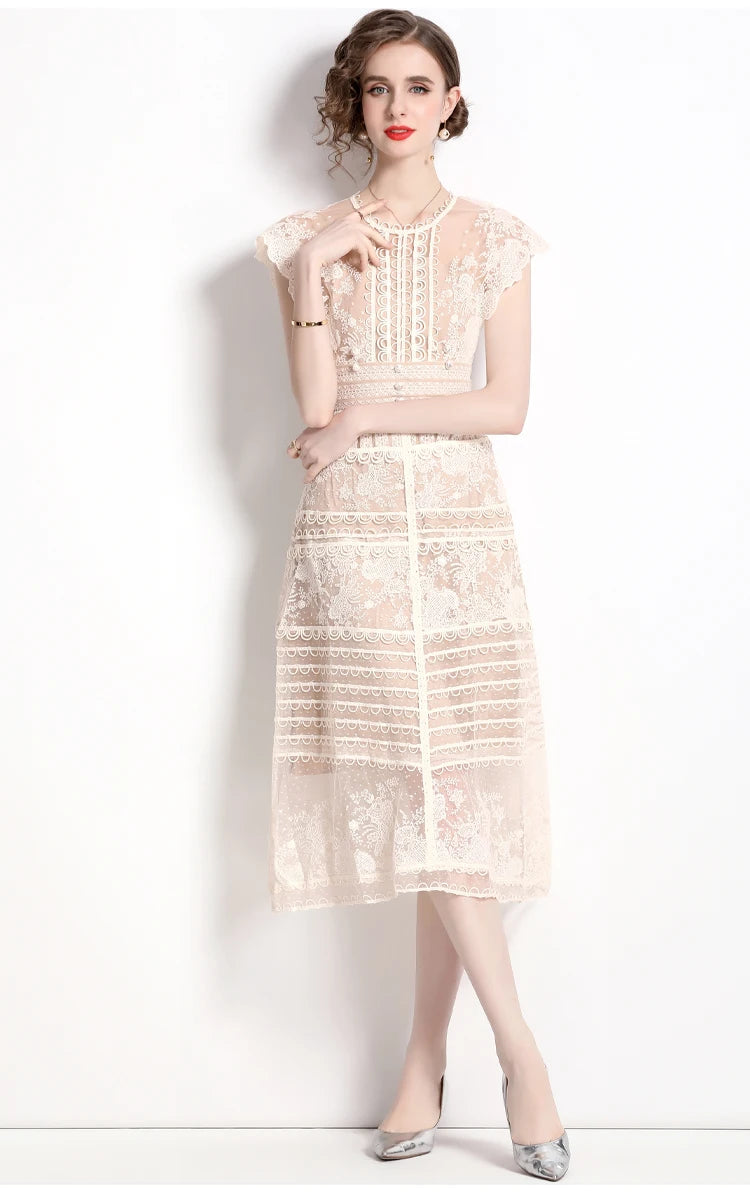 Robe midi femme à fleurs brodées – manches courtes, style vintage élégant
