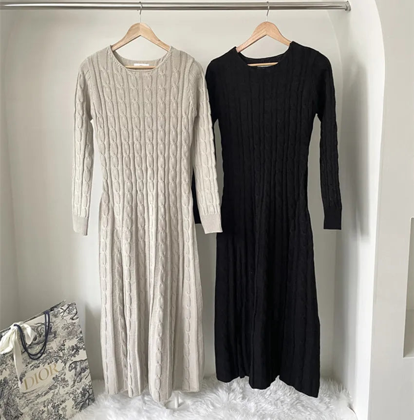 Robe pull longue femme hiver – maille torsadée chaude, coupe évasée élégante
