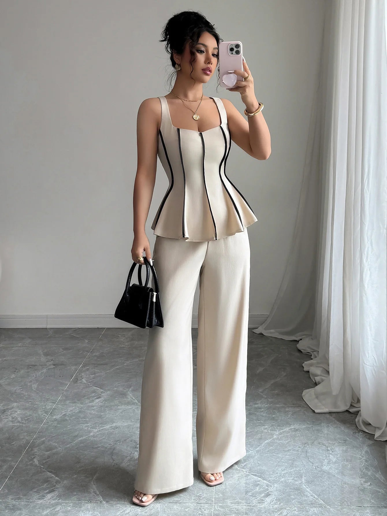 Ensemble Femme 2 Pièces – Top Sans Manches à Volants & Pantalon Large Taille Haute, Style Y2K Streetwear Chic | F-lagam.
