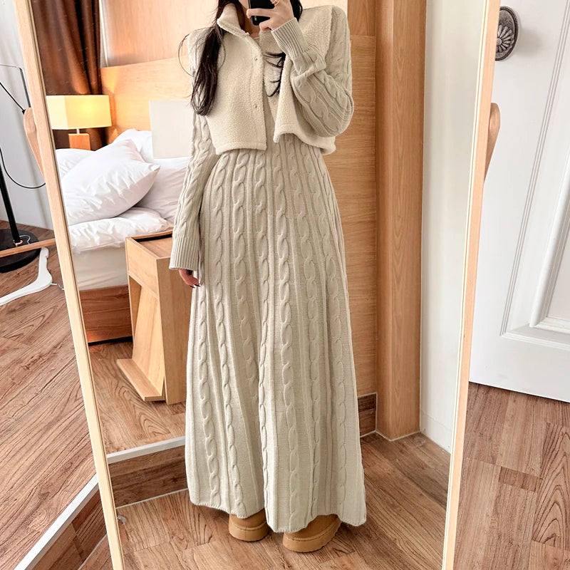 Robe pull longue femme hiver – maille torsadée chaude, coupe évasée élégante