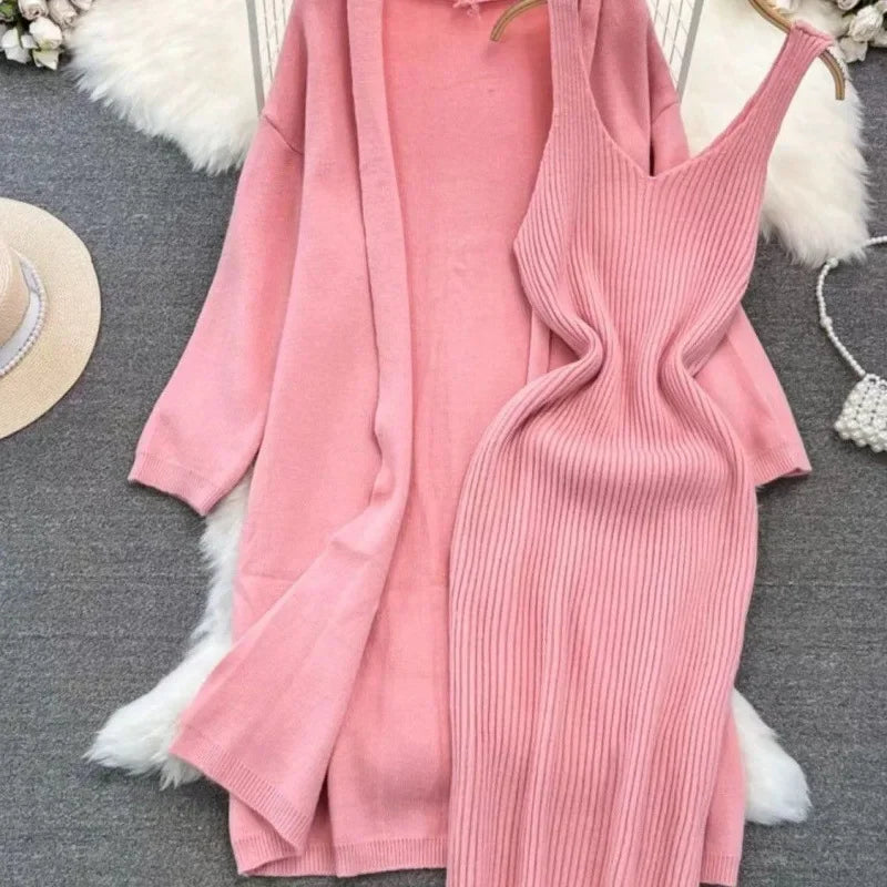 Ensemble robe pull et veste longue femme – style français printemps/automne 2024