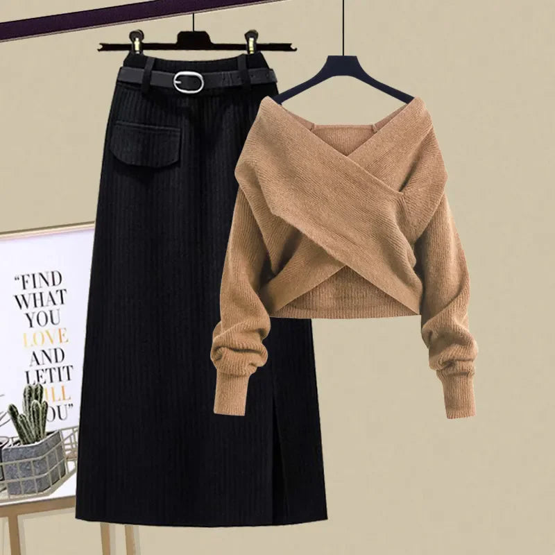 Ensemble Femme 2 Pièces – Pull Col V Tricoté & Jupe Taille Haute, Outfit Chic Coréen.