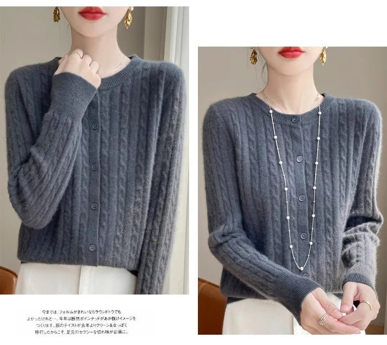 Cardigan Femme Blanc – Tricot Uni Col Rond Boutonné Manches Longues Automne Hiver 2025