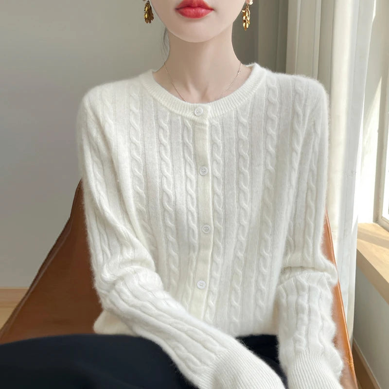 Cardigan Femme Blanc – Tricot Uni Col Rond Boutonné Manches Longues Automne Hiver 2025