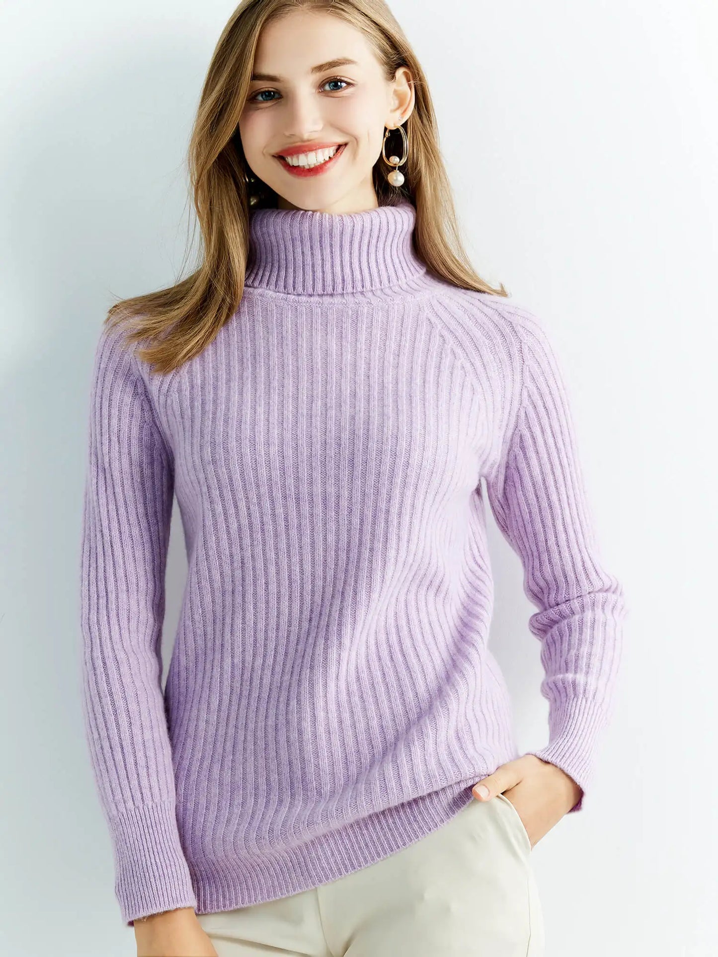 Pull Femme en Laine Mérinos 100 % – Col Roulé Tricoté Cachemire Automne Hiver