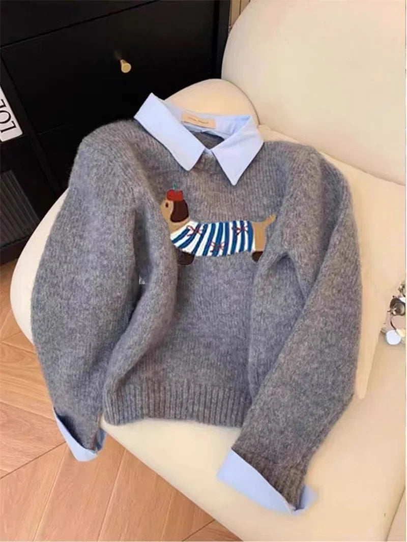 Pull Femme Cartoon Chien – Tricot Doux Gris Col Chemise Style Deux-en-Un Automne Hiver 2025.