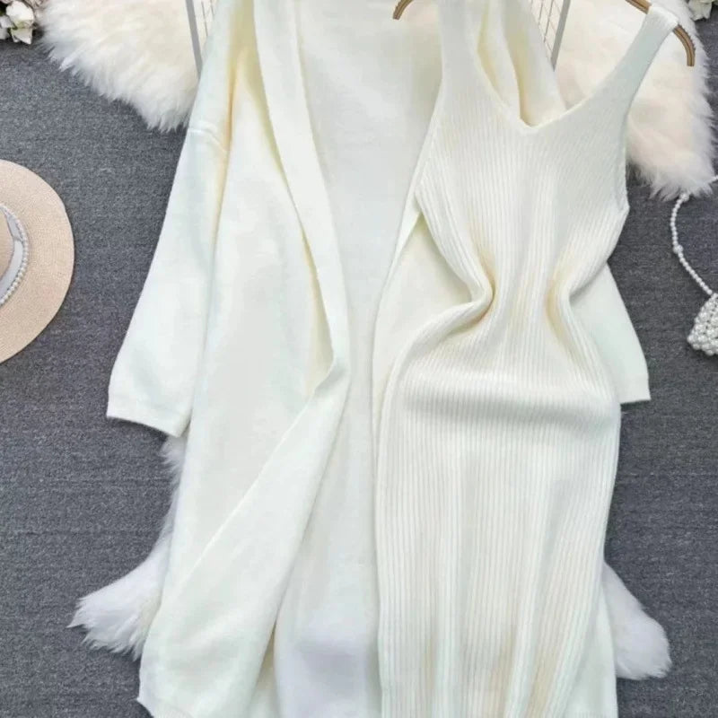 Ensemble robe pull et veste longue femme – style français printemps/automne 2024