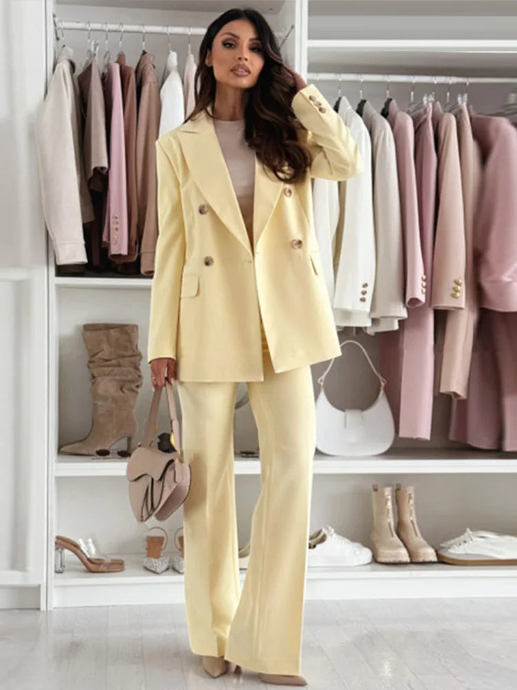 Tailleur Femme 2 Pièces Jaune Citron – Blazer Élégant Manches Longues & Pantalon Droit Taille Haute Printemps 2025 | F-laglam.