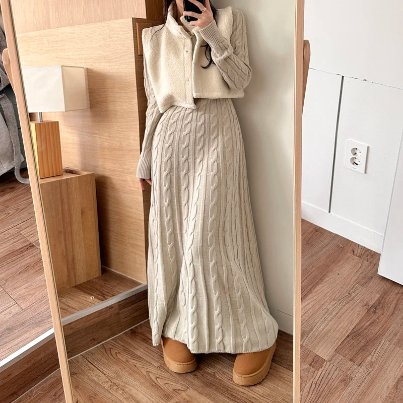 Robe pull longue femme hiver – maille torsadée chaude, coupe évasée élégante