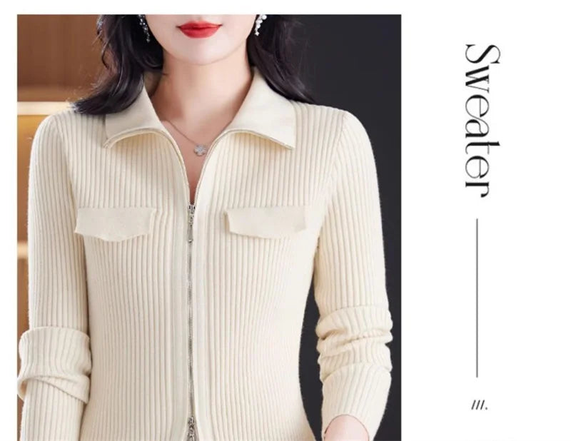 Cardigan Court Femme à Fermeture Zippée – Tricot Uni Col Revers Style Coréen Printemps Automne 2025.