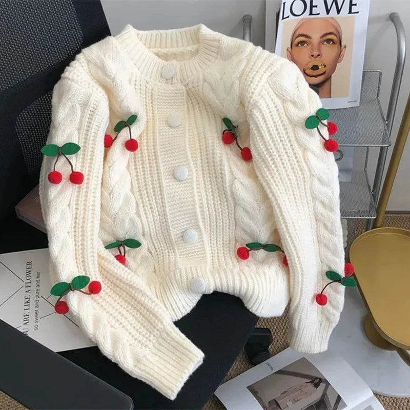 Cardigan Tricoté Femme avec Cerises 3D – Style Coréen Élégant Automne.