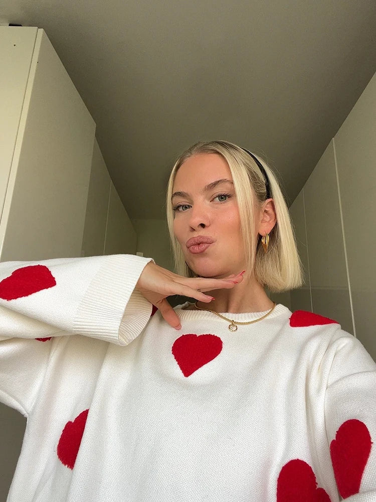 Pull Femme Sweet Heart – Tricot Vintage Loose à Col Rond, Manches Longues.