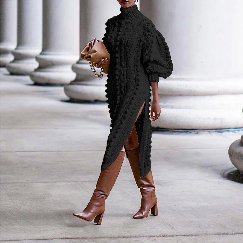 Robe Pull Femme Col Haut – Tricot Épais Fendu sur le Côté, Style Streetwear Élégant Automne Hiver.