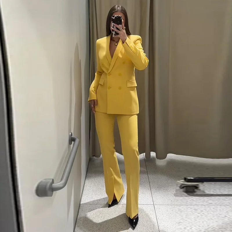 Tailleur Femme 2 Pièces – Blazer à Col Revers & Pantalon Large, Ensemble Bureau Chic 2025 | F-laglam.