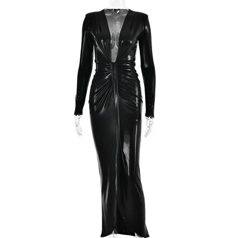 Élégante robe maxi métallisée pour femme, col en V sexy, manches longues, fronces flatteuses et fente haute. Parfaite pour les soirées, clubs ou événements chics. Style glamour et féminin.
