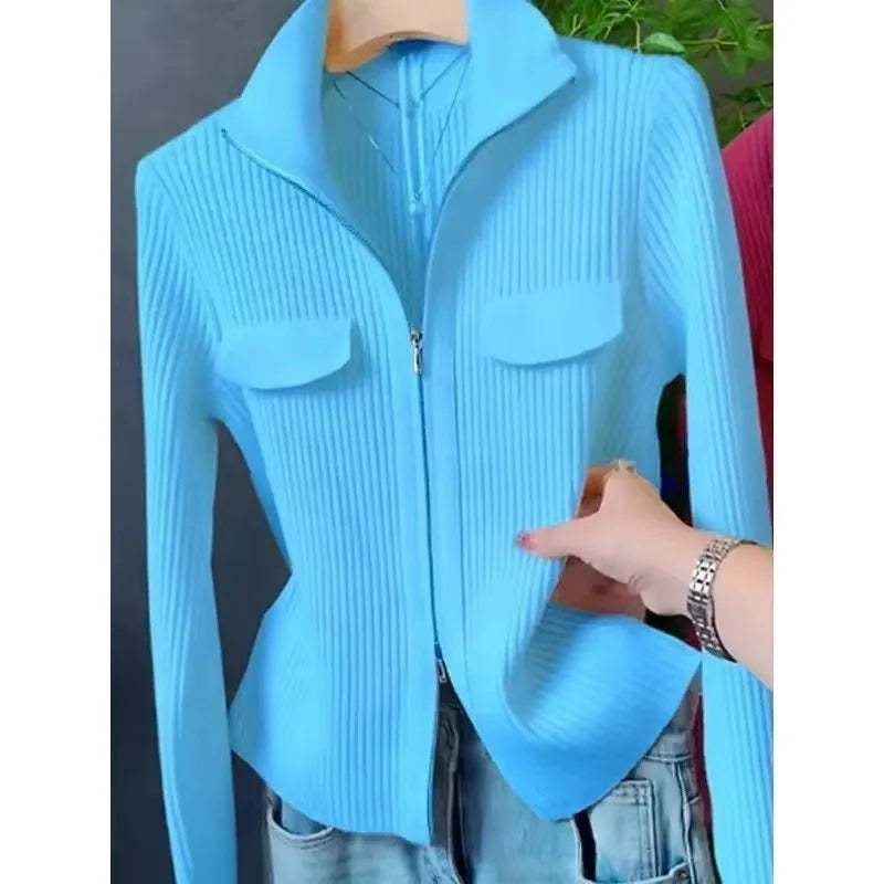 Cardigan Court Femme à Fermeture Zippée – Tricot Uni Col Revers Style Coréen Printemps Automne 2025