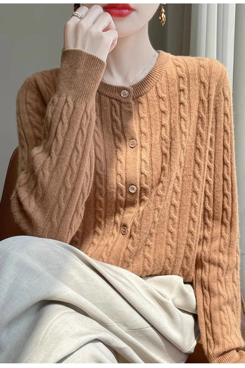 Cardigan Femme Blanc – Tricot Uni Col Rond Boutonné Manches Longues Automne Hiver 2025
