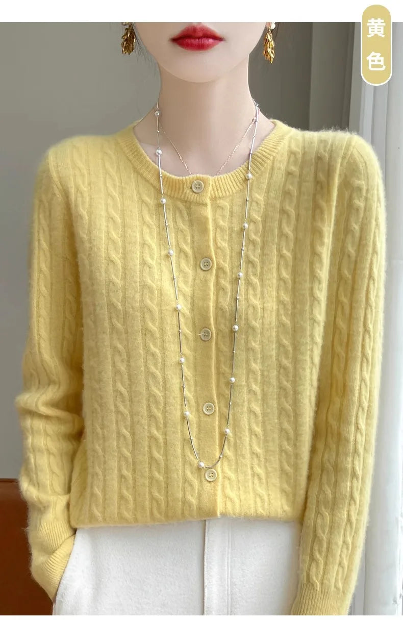 Cardigan Femme Blanc – Tricot Uni Col Rond Boutonné Manches Longues Automne Hiver 2025