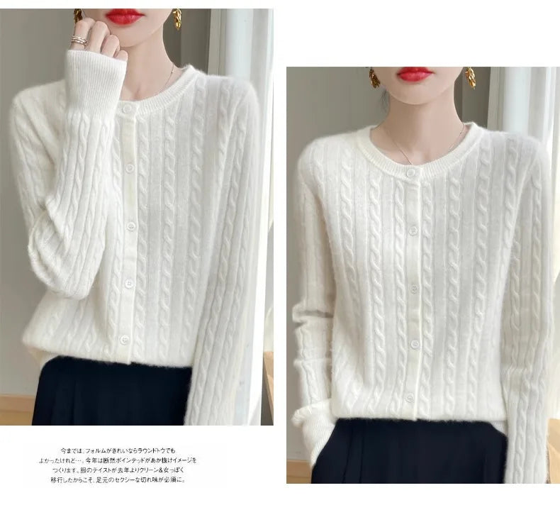 Cardigan Femme Blanc – Tricot Uni Col Rond Boutonné Manches Longues Automne Hiver 2025