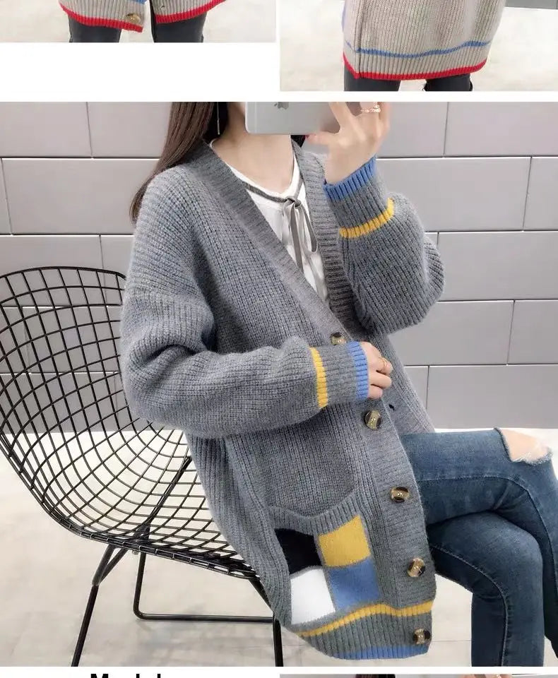 Cardigan Femme Mi-long – Manteau Tricoté Loose Style Coréen Printemps Automne.